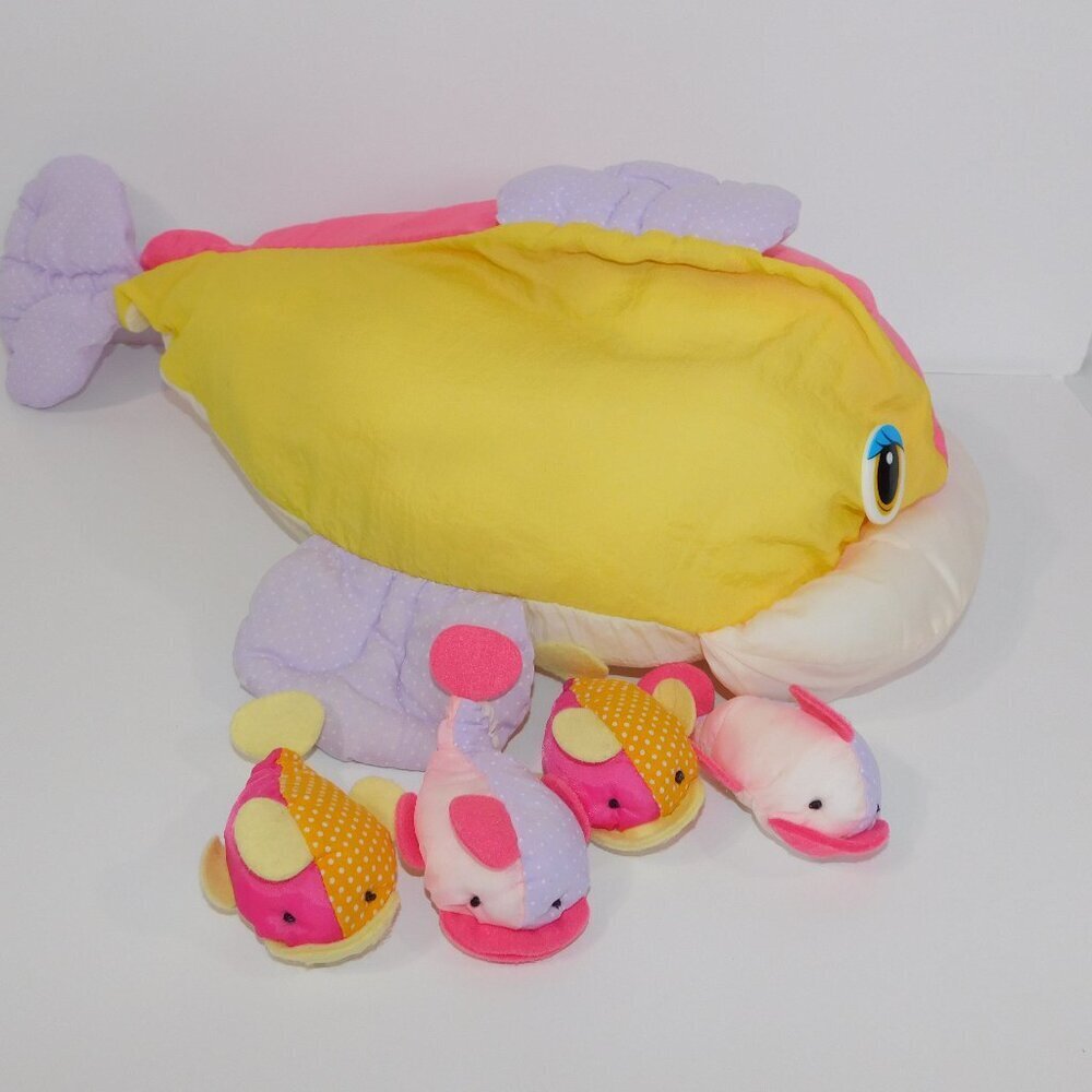 Vintage Nylon Fish Surprise 4 Baby fish in Tummy Pink Yellow Plush stuffed   23"